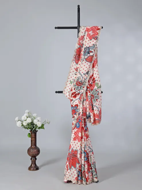 Off white floral printed crepe silk saree