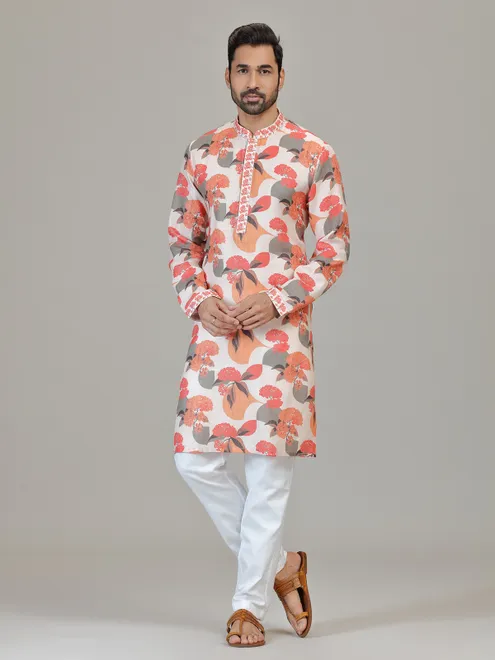 Off white floral printed ethnic kurta pajama for men