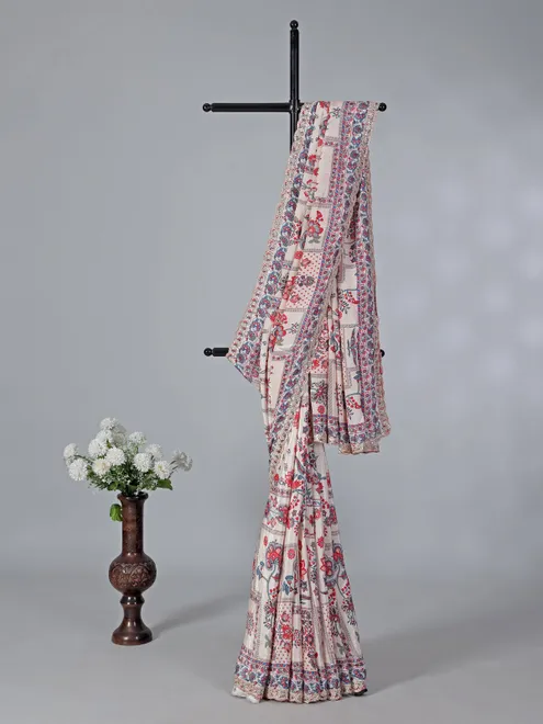 Off white floral printed satin silk festive saree