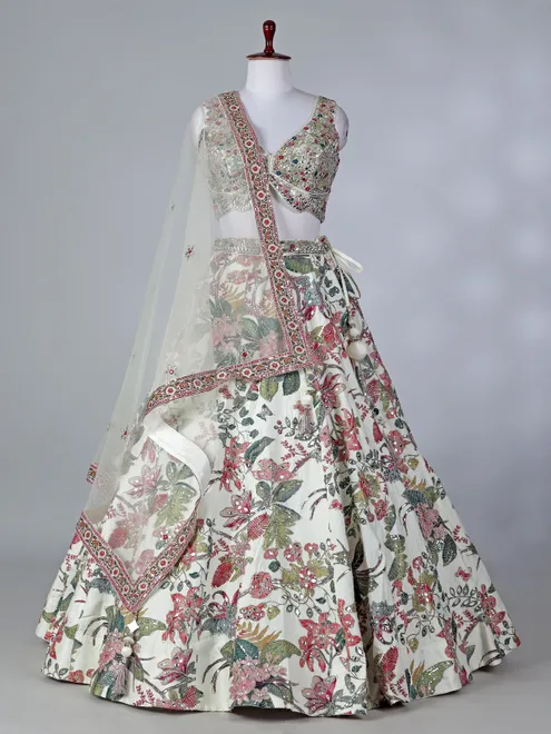 Off white floral raw silk lehenga choli with dupatta