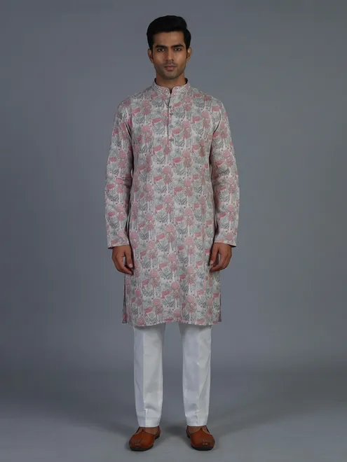 Off white floral silk festive kurta suit for men