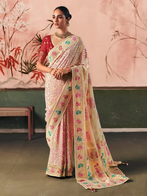 Off white georgette bandhej zari weaving saree