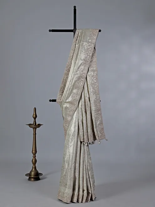Off white kanjivaram silk saree with zardosi detailing