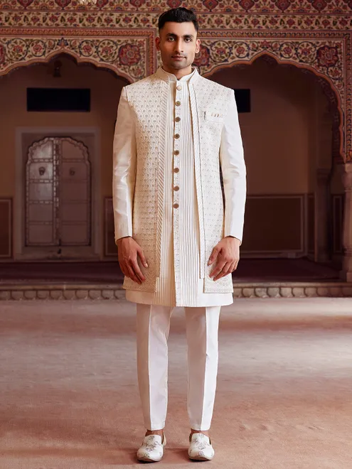 Off white lavish raw silk indo western for men