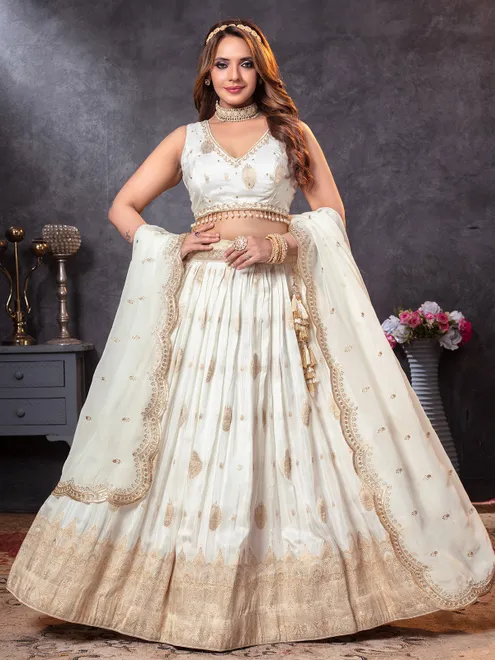 Off white lehenga choli in crepe silk fabric
