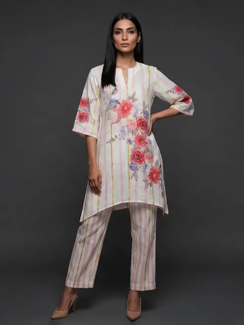 Off white linen co ord set with floral stripes