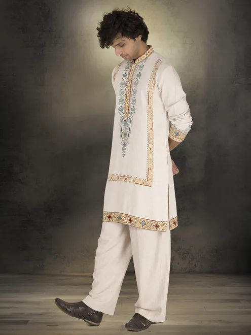 Off white linen cotton printed festive kurta suit
