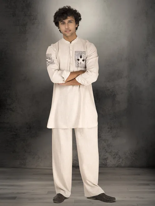 Off white linen cotton printed festive wear kurta suit