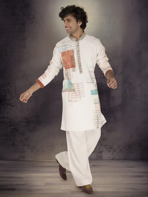 Off white linen cotton printed thread work kurta suit