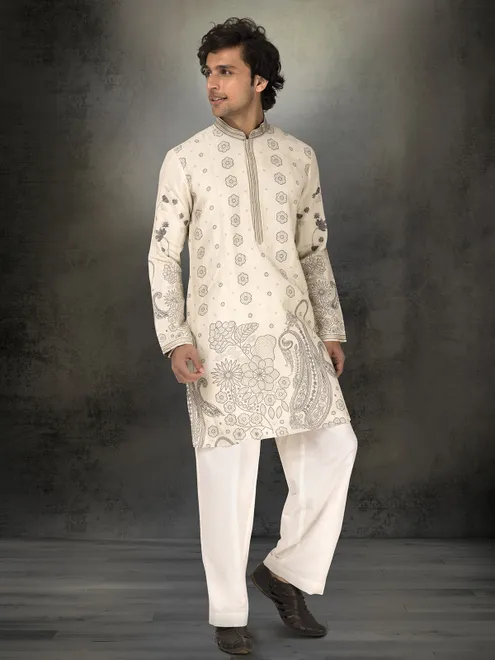 Off white linen cotton printed wedding and festive kurta suit