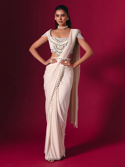 Off white lycra saree with stone and pearl detailing