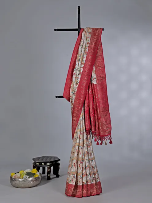 Off white masru silk saree with colorful motifs