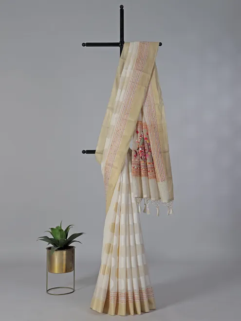 Off white organza cotton festive saree