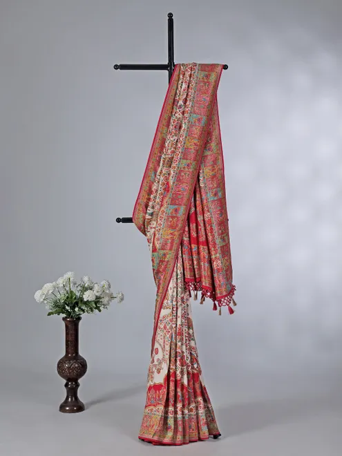 Off white pashmina silk colorful motif saree