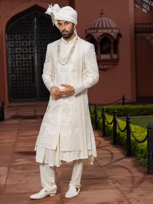 Off white peshwai style raw silk sherwani for groom