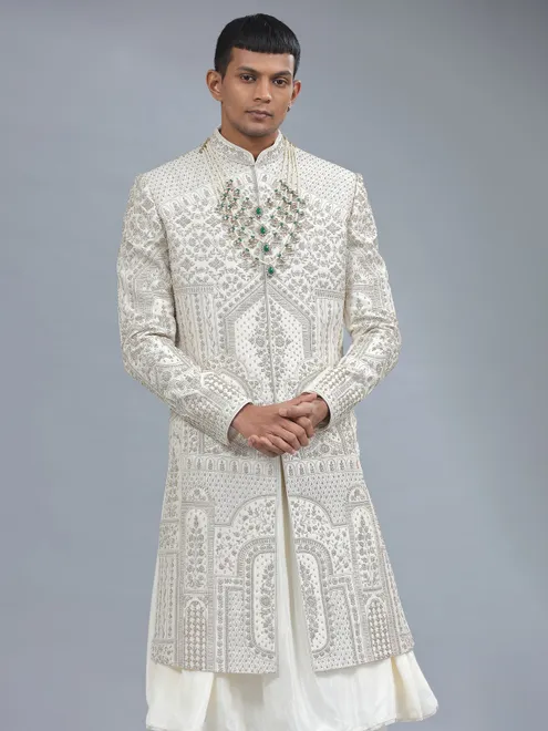 Off-white peshwai style raw silk shewani