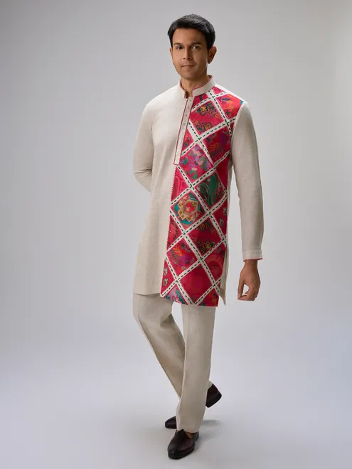 Off white pink patch linen kurta ensemble