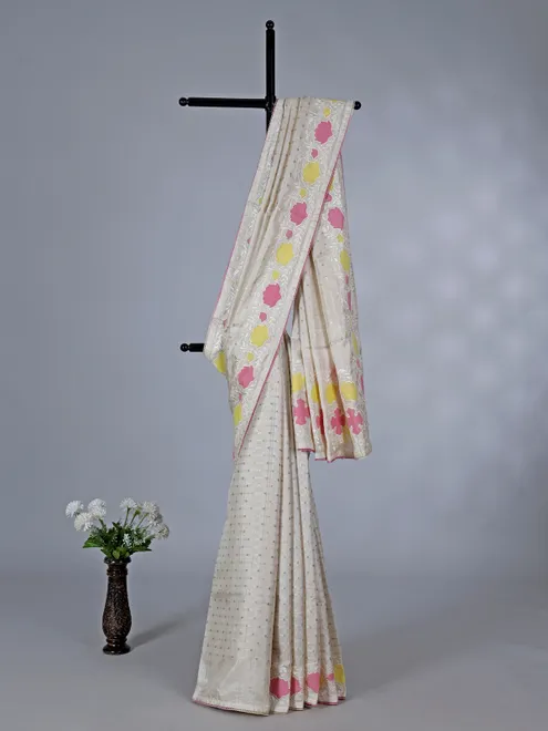 Off white pink semi silk saree with embroidery accents