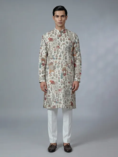Off white printed cotton kurta suit for men festive wear