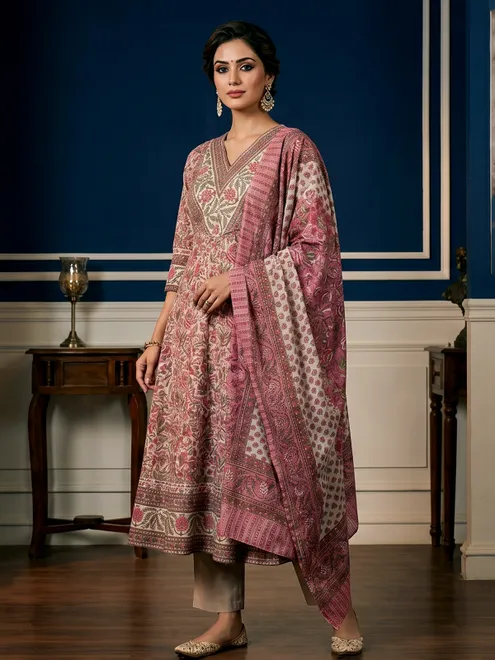 Off white printed cotton kurti set with printed dupatta