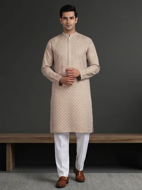 Off white printed cotton silk mens kurta suit