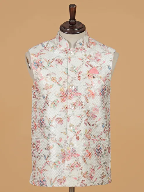 Off white printed cotton silk waistcoat