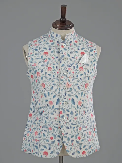 Off white printed cotton waistcoat for wedding wear