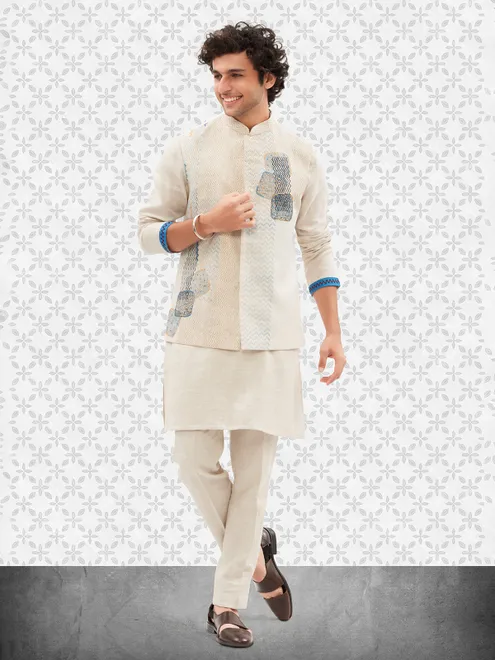 Off white printed cotton waistcoat set for men