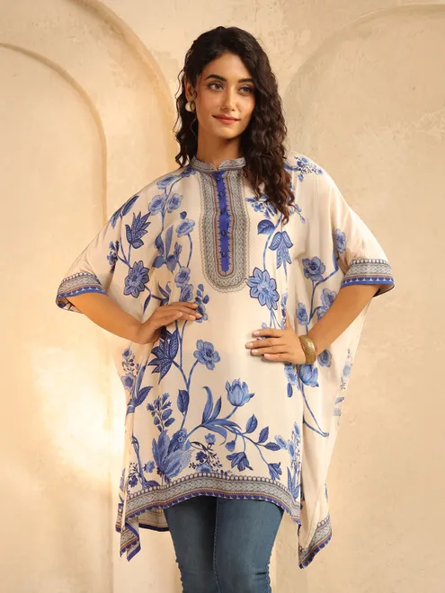 Off white printed crepe silk ponchos top for casuals
