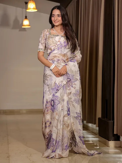 Off white printed georgette saree with ready made blouse