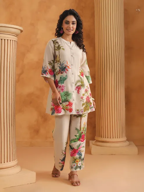 Off white printed silk co ord set with stand collar