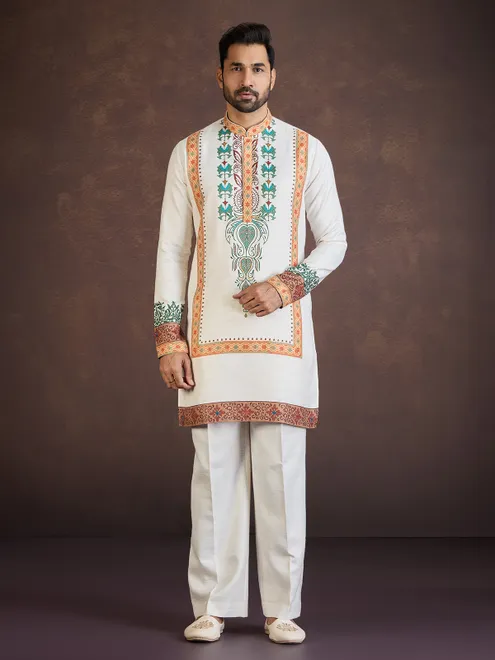 Off white printed soft linen kurta suit