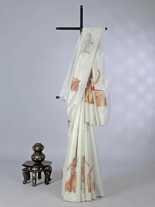 Off white printed tissue organza saree for festival wear