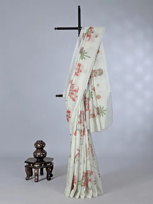 Off white printed tissue silk saree with resham work