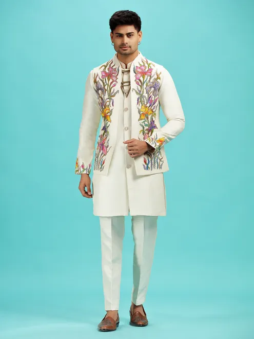 Off white printed waistcoat set with cutdana work