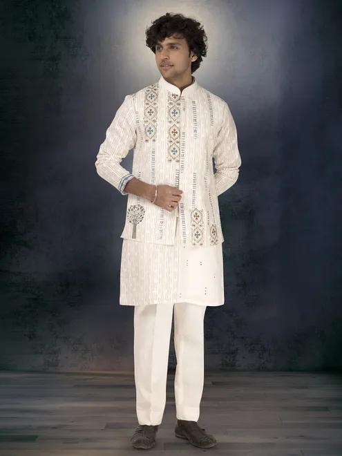 Off white pure linen waistcoat set with thread and resham work