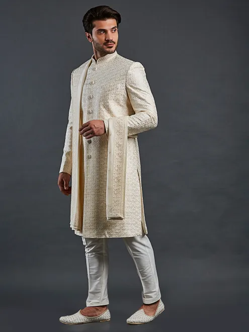 Off white raw silk groom style sherwani