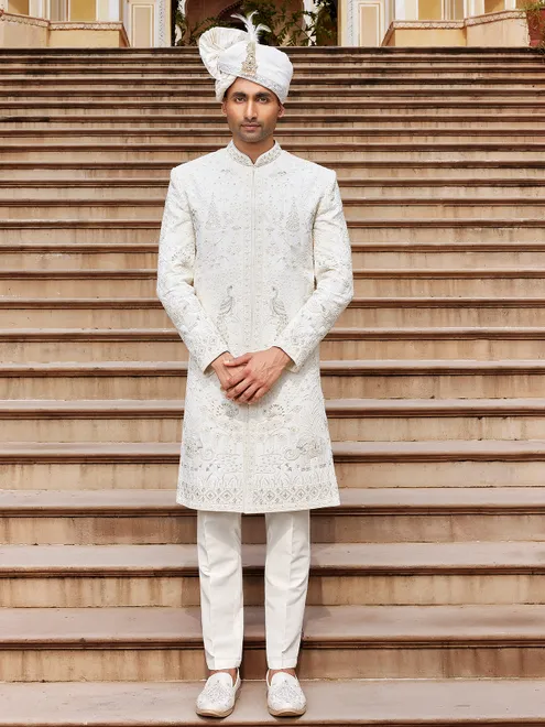Off white raw silk sherwani for man