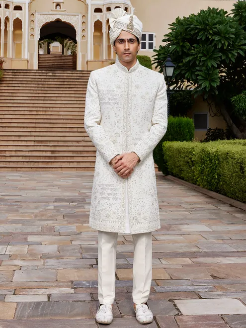 Off white raw silk sherwani for wedding with fine embroidery