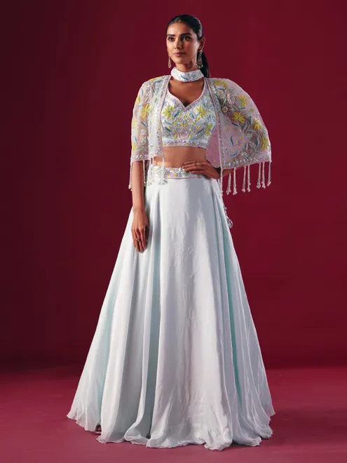 Off white satin silk jacket style lehenga choli