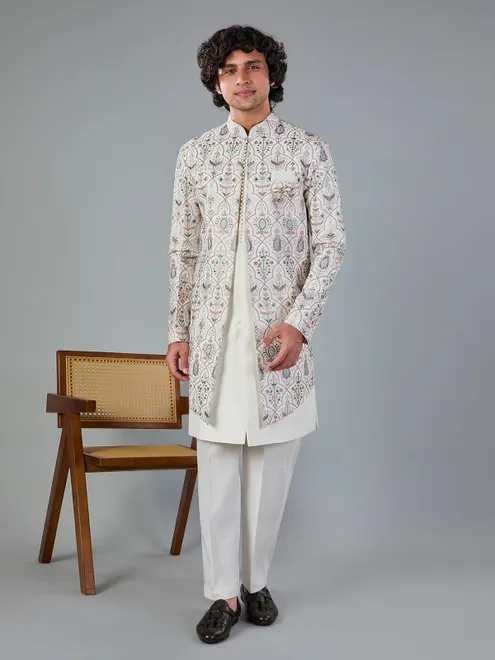 Off white silk embroidered indowestern jacket set