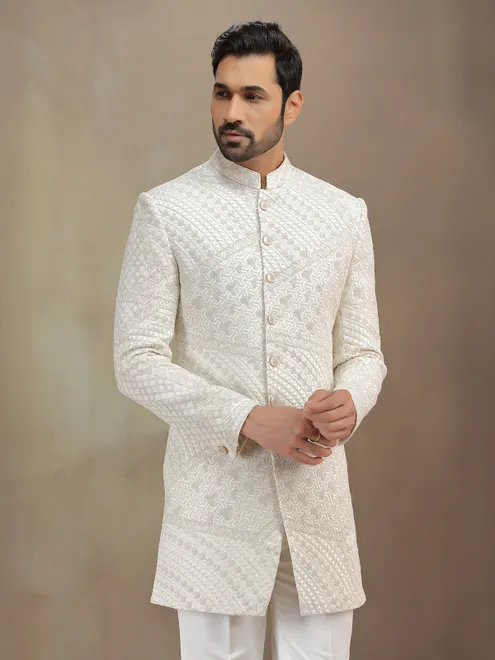 Off white silk indowestern set with emberoidery