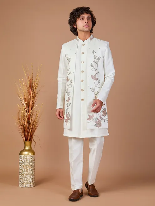 Off white silk jacket style indowestern set