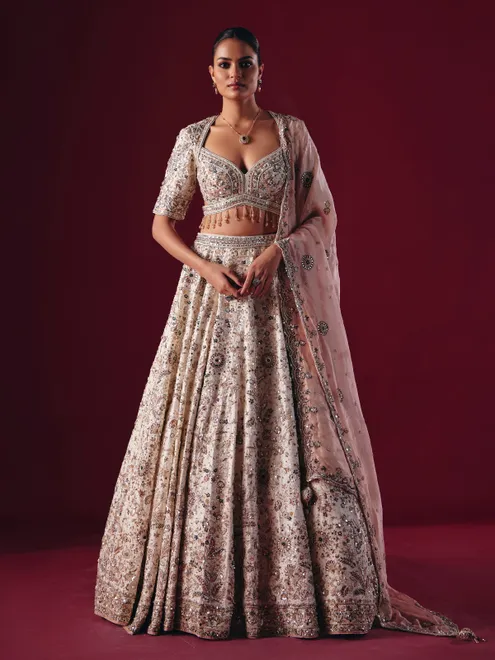 Off white silk lehenga choli with gota and mirror work