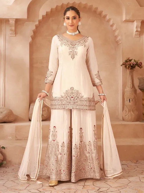 Off white silk palazzo suit with resham embellishment