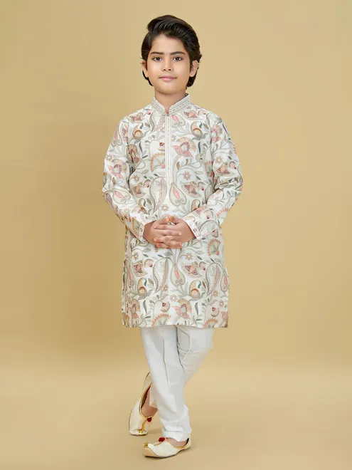Off white silk printed kurta suit for boys