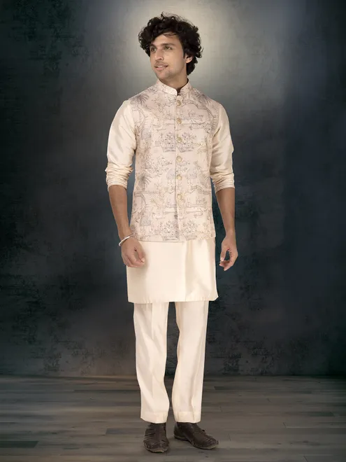 Off white silk printed waistcoat set for men