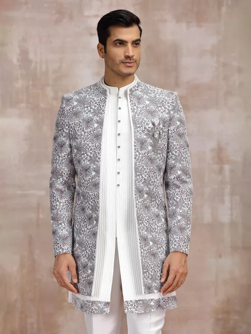 Off white silk reception wear indowestern set