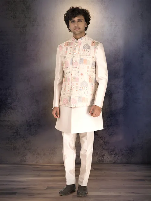 Off white silk waistcoat set with sequins and embroidery work