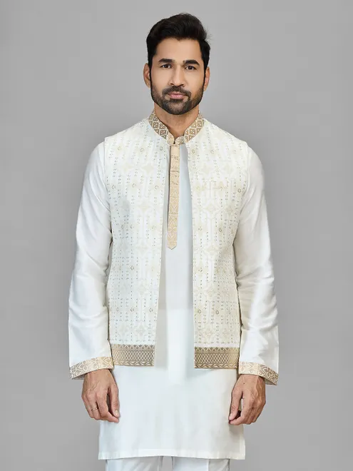 Off white slk waistcoat set with resham and sequins